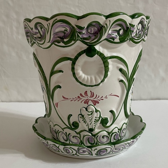 Vintage RCCL Portugal Hand Painted Floral Ceramic Green On White Flower Pot - Picture 4 of 12
